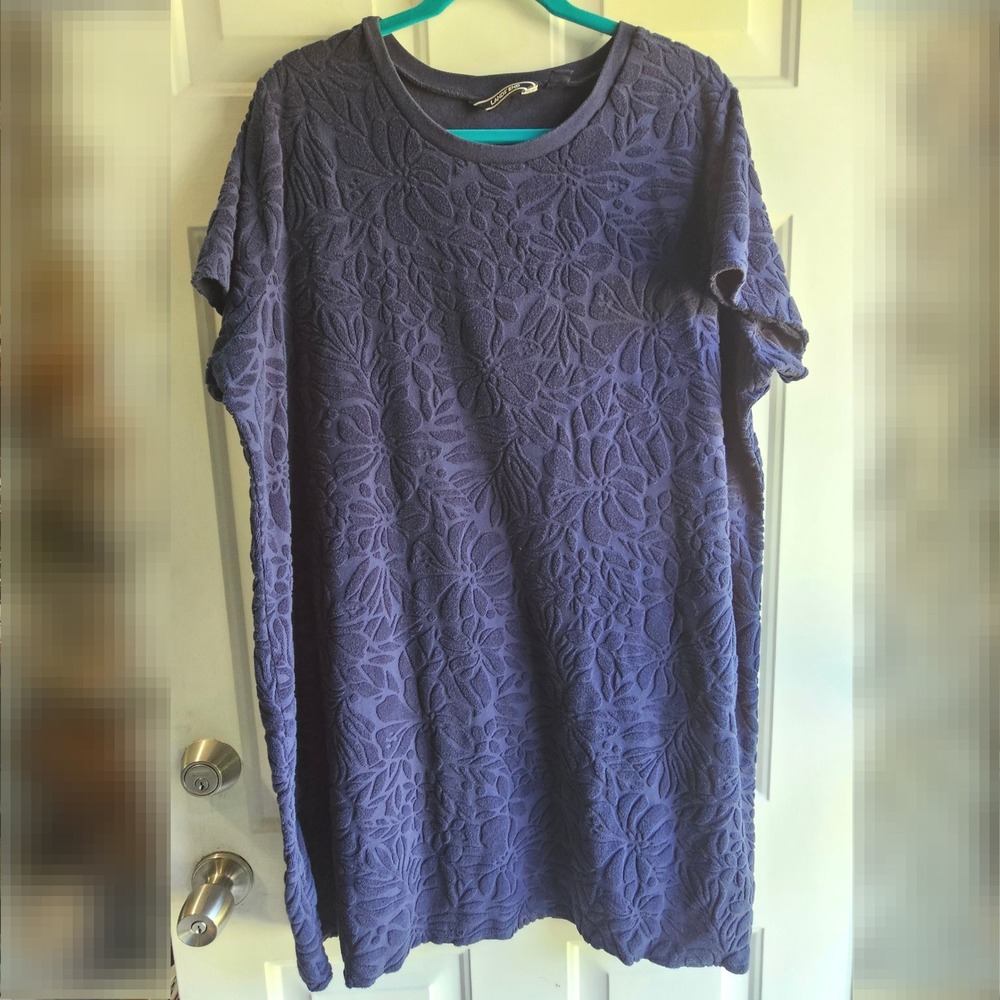 Lands End Womens 2X Navy Blue Terry Cloth Floral Embossed Dress Swim Coverup